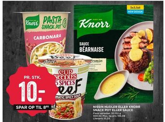 MENY Nissin nudler eller knorr snack pot eller sauce tilbud
