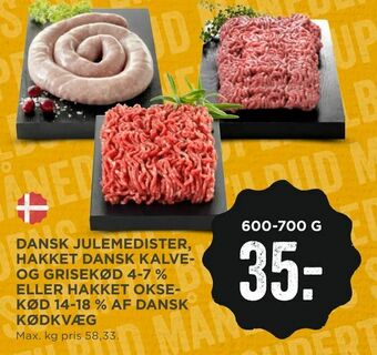 MENY Dansk julemedister, hakket dansk kalve- og grisekød 4-7 % eller hakket oksekød 14-18 % af dansk kødkvæg tilbud