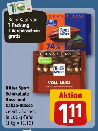REWE DE Ritter Sport Schokolade Nuss- und Kakao-Klasse tilbud