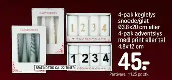 4-pak keglelys snoede/glat Ø3,8x20 cm eller 4-pak adventslys med print eller tal 4,8x12 cm