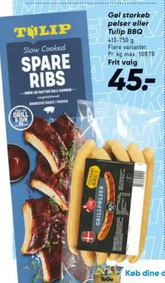 Bilka Gøl storkøb pølser eller Tulip BBQ tilbud