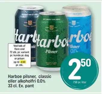 Rema 1000 Harboe pilsner, classic eller alkoholfri 0.0% 33 cl. Ex. pant tilbud