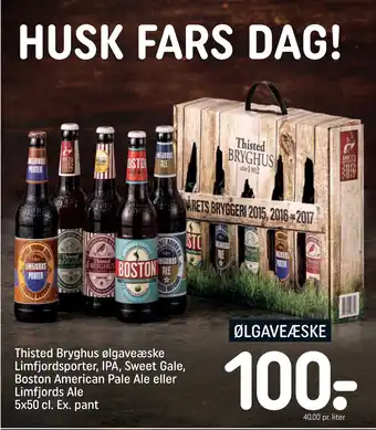 Rema 1000 Thisted Bryghus ølgaveæske Limfjordsporter, IPA, Sweet Gale, Boston American Pale Ale eller Limfjords Ale 5x50 cl. Ex. pant tilbud