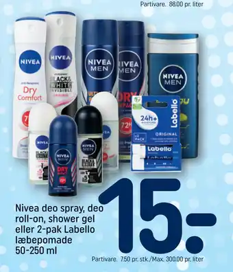 Nivea deo spray, deo roll-on, shower gel eller 2-pak Labello læbepomade 50-250 ml