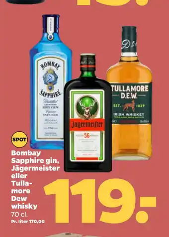 Netto Bombay Sapphire gin, Jägermeister eller Tullamore Dew whisky tilbud