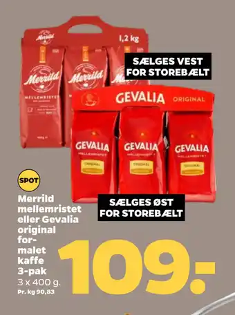 Netto Merrild mellemristet eller Gevalia original formalet kaffe 3-pak tilbud