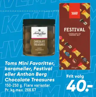 Bilka Toms Mini Favoritter, karameller, Festival eller Anthon Berg Chocolate Treasures tilbud