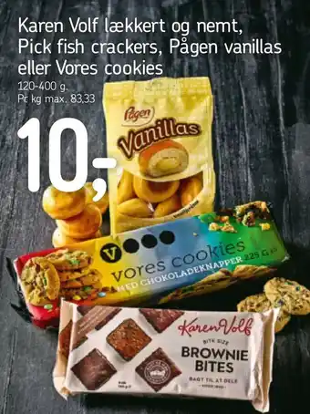 Føtex Karen Volf lækkert og nemt, Pick fish crackers, Pågen vanillas eller Vores cookies tilbud