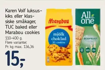 Føtex Karen Volf luksuskiks eller klas siske småkager, TUC baked eller Marabou cookies tilbud