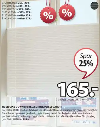 JYSK HVEN UP & DOWN MØRKLÆGNING PLISSÉGARDIN tilbud