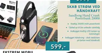 Tjdata Sandberg Hand Crank Powerbank 20000 tilbud