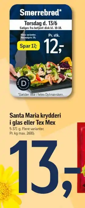 Føtex Santa Maria krydderi i glas eller Tex Mex tilbud