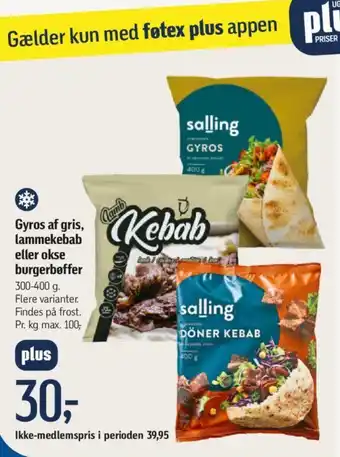 Føtex Gyros af gris, lammekebab eller okse burgerbøffer tilbud