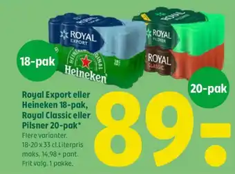 Coop 365 Royal Export eller Heineken 18-pak, Royal Classic eller Pilsner 20-pak tilbud