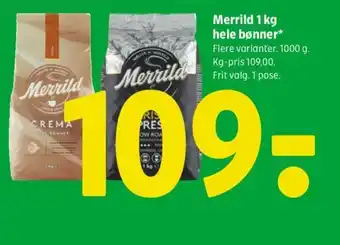 Coop 365 Merrild 1 kg hele bønner tilbud