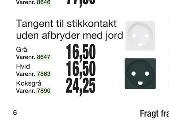 Tangent til stikkontakt uden afbryder med jord