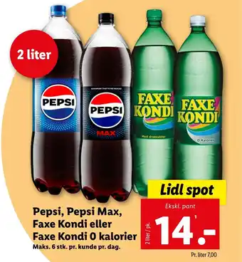 Lidl Pepsi, Pepsi Max, Faxe Kondi eller Faxe Kondi O kalorier tilbud