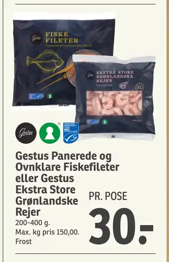 SPAR Gestus Panerede og Ovnklare Fiskefileter eller Gestus Ekstra Store Grønlandske Rejer tilbud