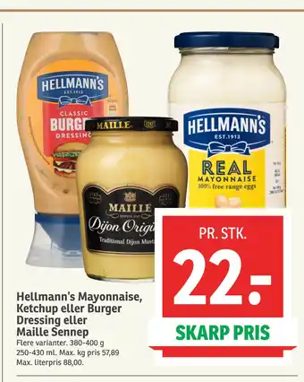 SPAR Hellmann’s Mayonnaise, Ketchup eller Burger Dressing eller Maille Sennep tilbud