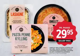 MENY OMELET MED STEGTE KARTOFLER OG LØG, PASTA PENNE KYLLING, CHICKEN MASCARPONE LASAGNE ELLER LASAGNE BOLOGNESE tilbud