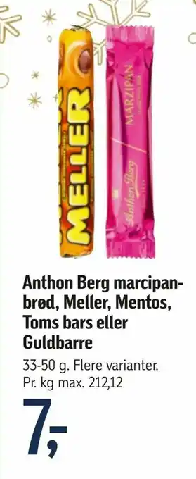 Føtex Anthon Berg marcipanbrød, Meller, Mentos, Toms bars eller Guldbarre tilbud