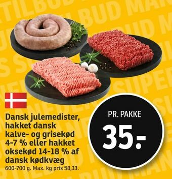 SPAR Dansk julemedister, hakket dansk kalve- og grisekød 4-7 % eller hakket oksekød 14-18 % af dansk kødkvæg tilbud