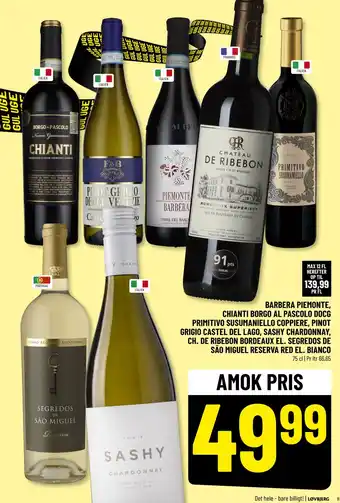Løvbjerg BARBERA PIEMONTE, CHIANTI BORGO AL PASCOLO DOCG PRIMITIVO SUSUMANIELLO COPPIERE, PINOT GRIGIO CASTEL DEL LAGO, SASHY CHARDONN tilbud