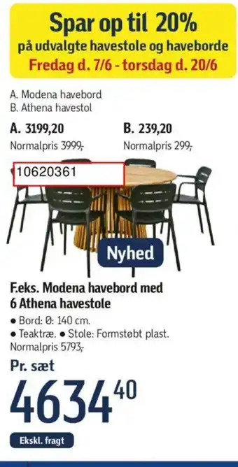 Føtex F.eks. Modena havebord med 6 Athena havestole tilbud