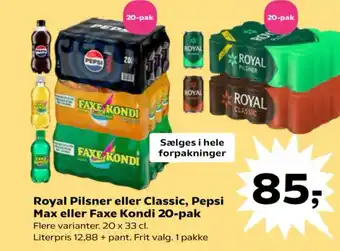 Kvickly Royal Pilsner eller Classic, Pepsi Max eller Faxe Kondi 20-pak tilbud