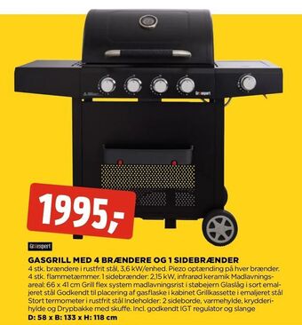 jem & fix Gasgrill med 4 brændere og 1 sidebrænder tilbud