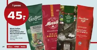 Kvickly Black Coffee, Christgau's, Peter Larsen eller Merrild hele bønner tilbud