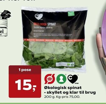 Kvickly Økologisk spinat - skyllet og klar til brug tilbud