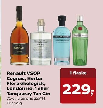 Kvickly Renault VSOP Cognac, Herba Flora økologisk, London no. 1 eller Tanqueray Ten Gin tilbud