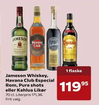 Kvickly Jameson Whiskey, Havana Club Especial Rom, Pure shots eller Kahlua Likør tilbud