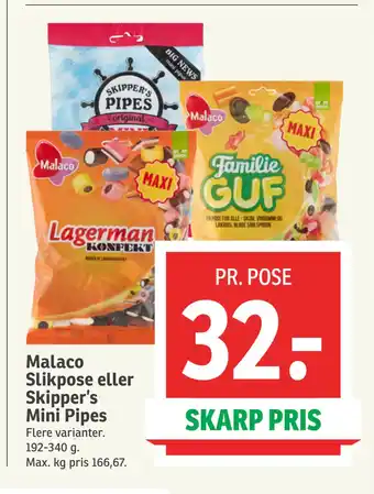SPAR Malaco Slikpose eller Skipper’s Mini Pipes tilbud