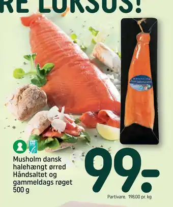 REMA 1000 Musholm dansk halehængt ørred Håndsaltet og gammeldags røget 500 g tilbud