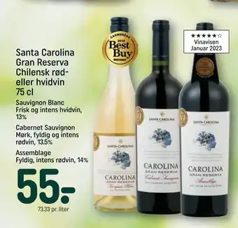 REMA 1000 Santa Carolina Gran Reserva Chilensk rød- eller hvidvin 75 cl tilbud
