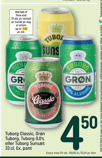 REMA 1000 Tuborg Classic, Grøn Tuborg, Tuborg 0.0% eller Tuborg Sunsæt 33 cl. Ex. pant tilbud