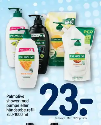 REMA 1000 Palmolive shower med pumpe eller håndsæbe refill 750-1000 ml tilbud