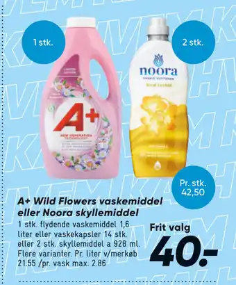 Bilka A+ Wild Flowers vaskemiddel eller Noora skyllemiddel tilbud