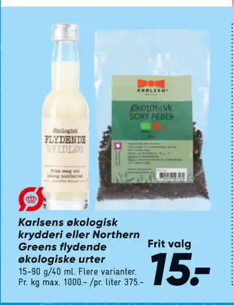 Bilka Karlsens økologisk krydderi eller Northern Greens flydende økologiske urter tilbud