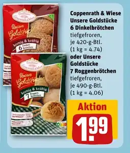 REWE DE Coppenrath & Wiese Unsere Goldstücke 6 Dinkelbrötchen, oder Unsere Goldstücke 7 Roggenbrötchen tilbud