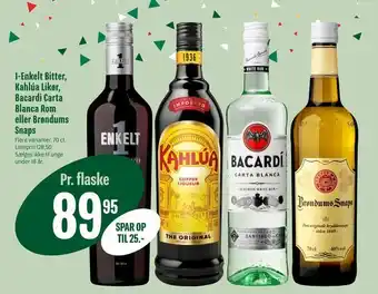 1-Enkelt Bitter, Kahlúa Likør, Bacardi Carta Blanca Rom eller Brøndums Snaps