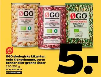 Netto ØGO økologiske kikærter, røde kidneybønner, sorte bønner eller grønne linser tilbud