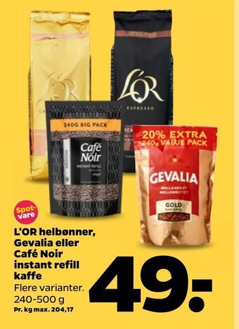Netto L'OR helbønner, Gevalia eller Café Noir instant refill kaffe tilbud