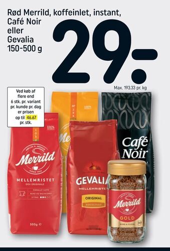 REMA 1000 Rød Merrild, koffeinlet, instant, Café Noir eller Gevalia tilbud