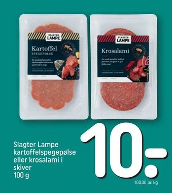 REMA 1000 Slagter Lampe kartoffelspegepølse eller krosalami i skiver tilbud