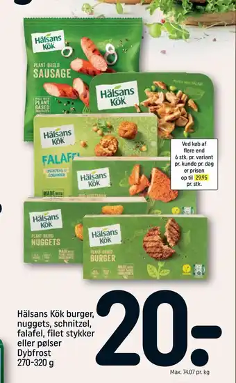 Hälsans Kök burger, nuggets, schnitzel, falafel, filet stykker eller pølser Dybfrost