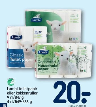 REMA 1000 Lambi toiletpapir eller køkkenruller 9 rl/847 g 4 rl/549-566 g tilbud