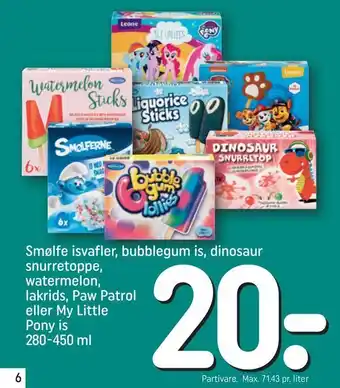 REMA 1000 Smølfe isvafler, bubblegum is, dinosaur snurretoppe, watermelon, lakrids, Paw Patrol eller My Little Pony is tilbud